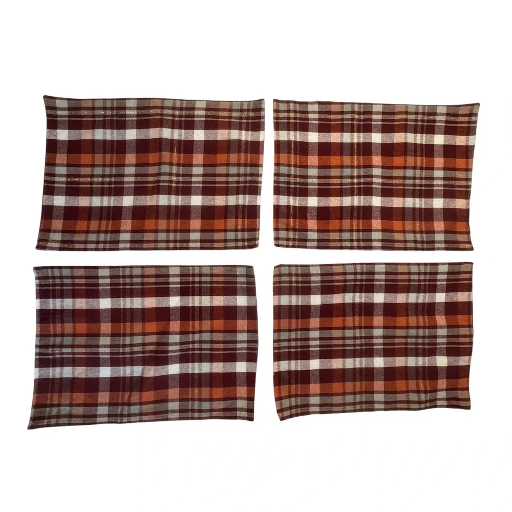 NEW Perfect Harvest Fall Christmas Plaid Placemats Set Of 4 Red White Gold Cream